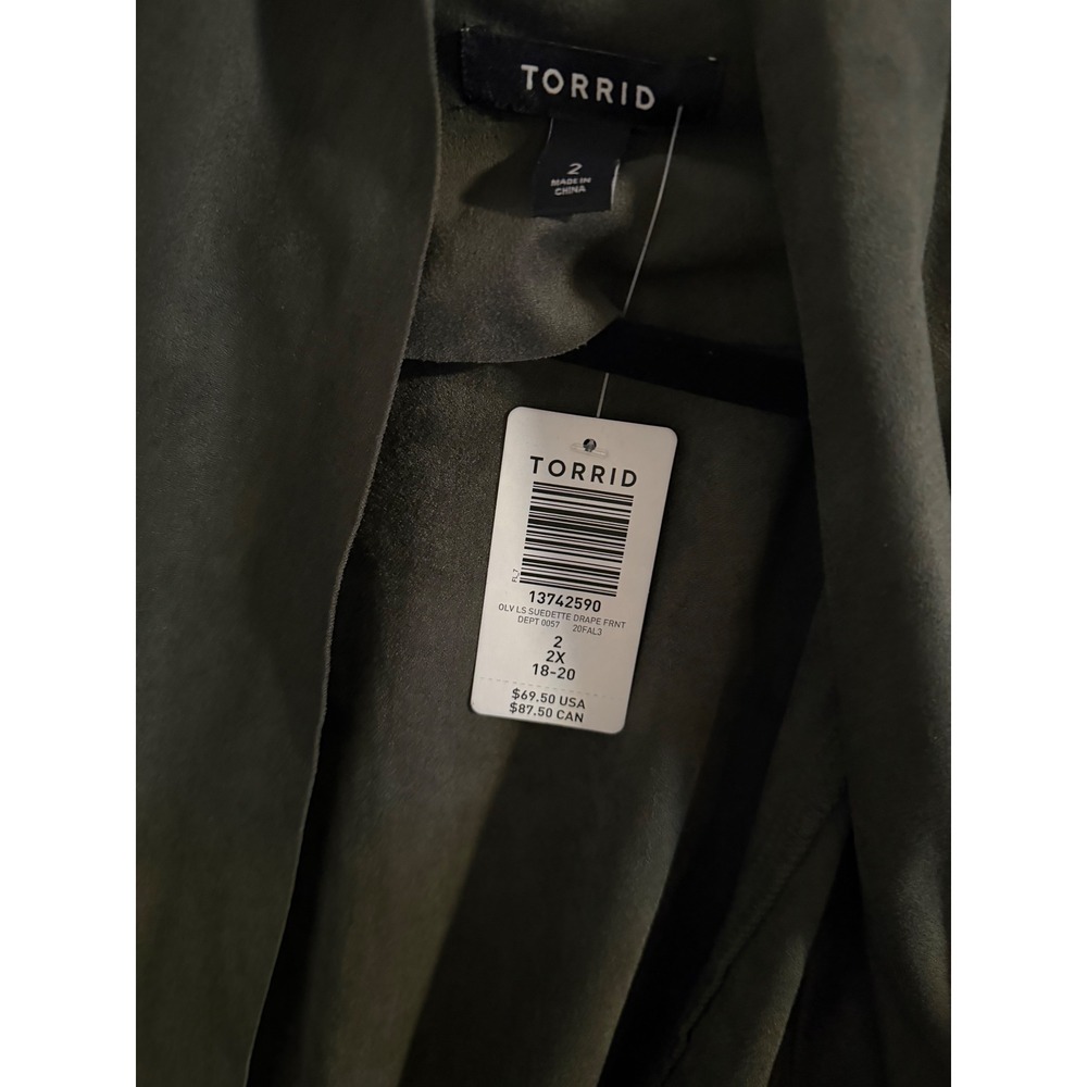 TORRID Olive Green Suede Drape Front Waterfall Cardigan Jacket Plus Size2X 18 20 - Picture 2 of 5